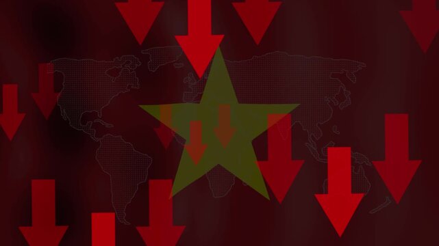 Global Economic Downturn: A stark visual representation of a global financial crisis, with a star graphic superimposed over a world map, surrounded by a cascade of red downward arrows.