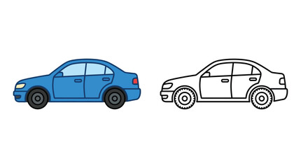 Fototapeta premium Sedan Car Illustration In Color And Black Outline On White Background