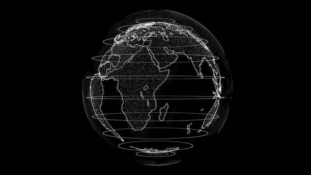 Digital earth globe rotates with wireframe lines over black background three panel sequence video rotating geography planet world global technology animation motion