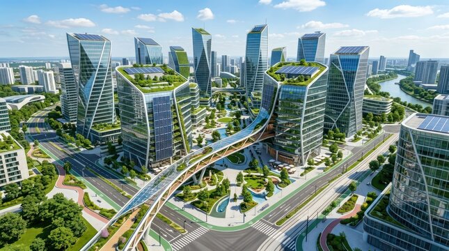 Futuristic sustainable city skyline featuring glass skyscrapers with integrated solar panels, rooftop gardens, and a winding pedestrian skywalk bridge