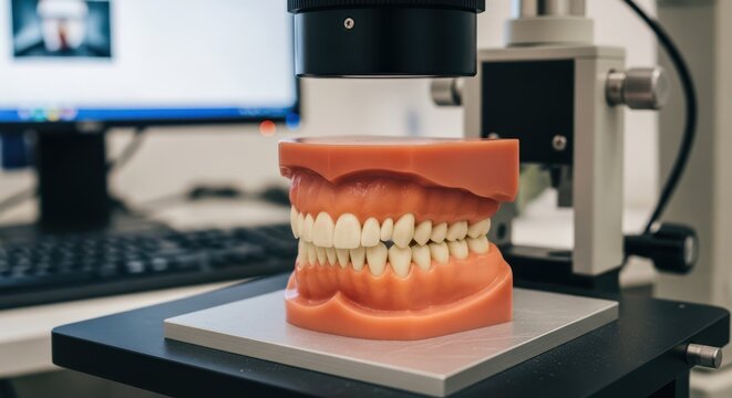 Dental model of teeth being scanned by a professional 3d laser scanner in a modern laboratory for precise orthodontic treatment planning and digital dentistry manufacturing process