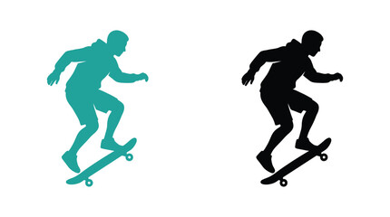 Skateboarder Silhouette In Teal And Black Against White Background © Kaium
