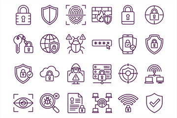 Fototapeta premium Cybersecurity icons set with lock, shield, fingerprint, password, and network symbols in modern line art style for web design