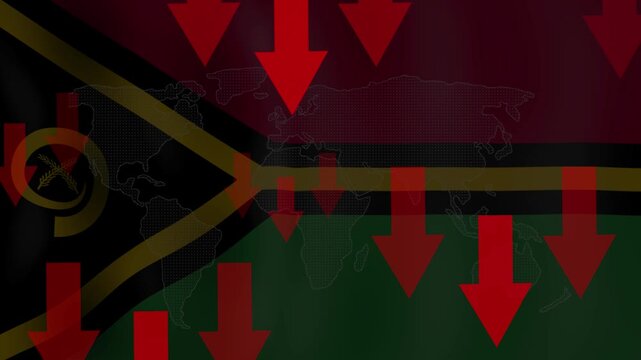 Vanuatu Flag with Falling Arrows: Red arrows symbolize economic downturn or negative trends superimposed over the flag of Vanuatu, with subtle map outline detail.