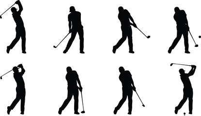 Naklejka premium Golf Player Silhouette Collection Featuring Swing, Drive, Follow Through, and Tee Shot Sports Vector Set