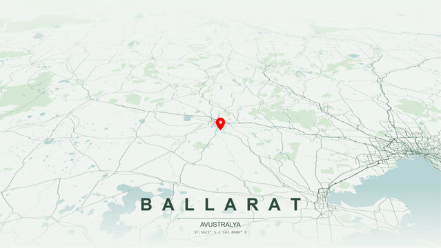 Modern minimalist vector map of Ballarat, Victoria. High-quality scalable illustration of Ballarat geographic boundaries along Lake Wendouree foreshore, Yarrowee River contours for posters design.
