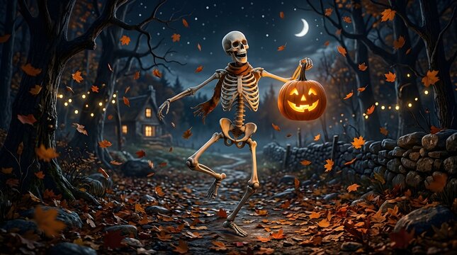 Joyful skeleton dancing with a pumpkin. Spooky Halloween character celebrating in autumn.