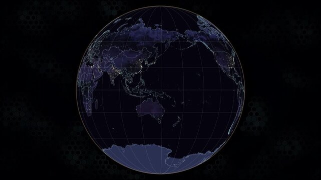 Gilbert projection. Earth rotates at night. Glowing city lights and country borders. Animated hexagonal background. Seamless loop. 4K resolution. Night view.