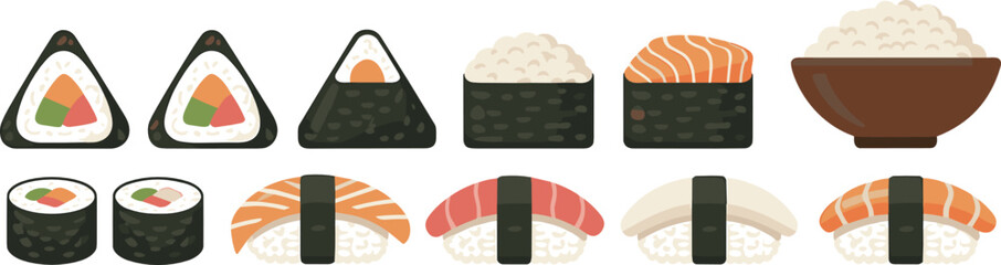 Japanese sushi flat vector illustration. Traditional nigiri, maki rolls, onigiri rice triangles, and a ceramic bowl create an Asian culinary collection. © HELEN QUEEN