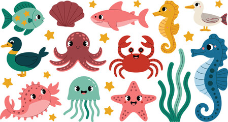 Sea creatures flat vector illustration. Adorable cartoon octopus, shark, crab, seahorse, jellyfish, starfish, fish, and seashell create a cute marine collection. © HELEN QUEEN