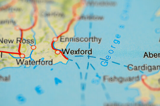 Close up map of Wexford and Waterford on Irish coast.