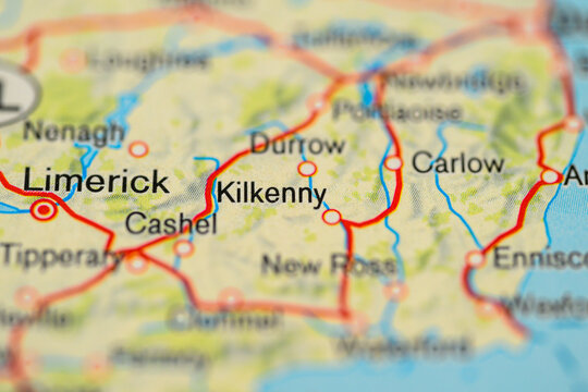 Close up Irish road map highlighting Kilkenny Limerick and Cashel.