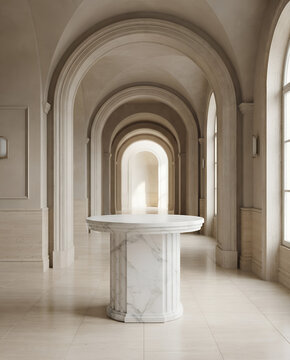 Marble column serves as a central pedestal within a classic arched gallery corridor.