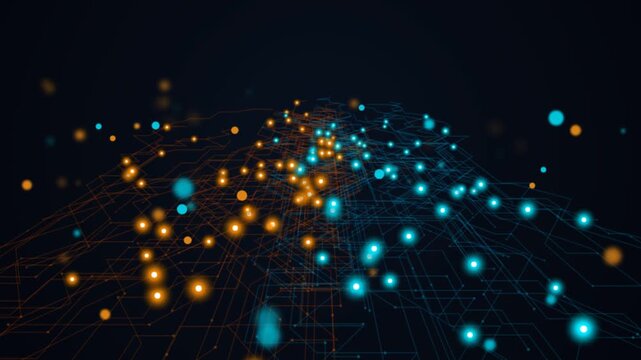 Abstract digital background with glowing orange and blue light particles on a dark tech network grid