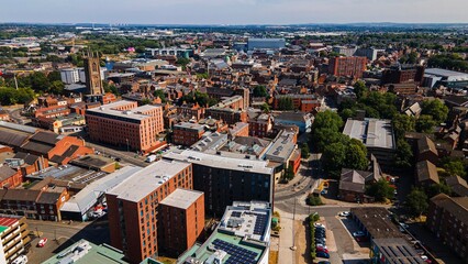 Obraz premium Derby city center skyline with cathedral tower aerial drone view