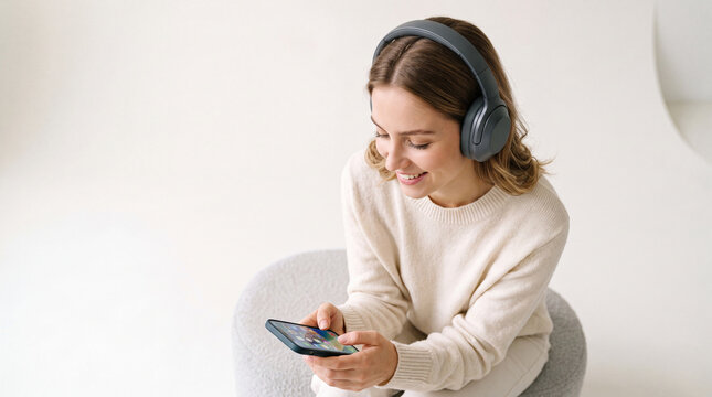 Cinematic lifestyle photo of woman with smartphone and wireless headphones enjoying music in a modern environment
