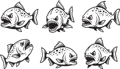Obraz premium Set of Piranha fish. Hand drawn vector illustration