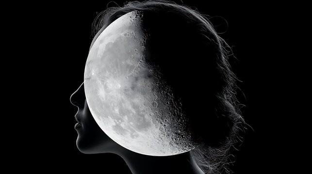Prompt: A striking double exposure fine-art portrait. A crisp black silhouette profile of a face is filled with a minimalist surreal dreamscape of the moon's surface, showing a high-contrast 