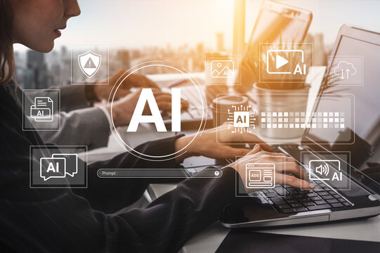A modern office scene showcasing AI technology integration, emphasizing productivity and collaboration in a dynamic work environment with digital tools and devices. Cyphers