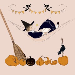 Cute Witch Reading in a Hammock with Pumpkins