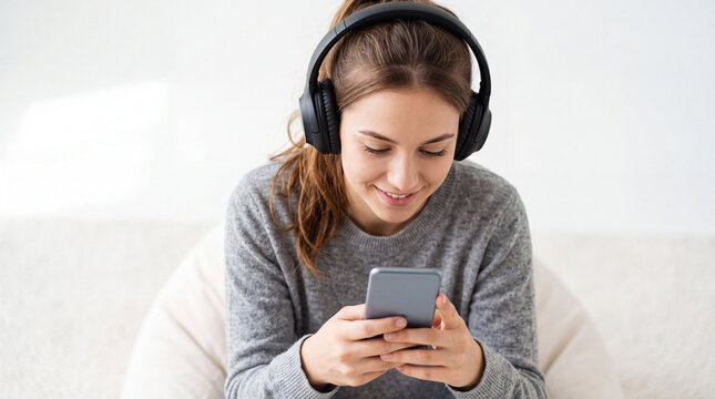 Side view photo of a woman wearing over-ear wireless headphones enjoying a podcast on her smartphone. Minimalist white room background stock visual.