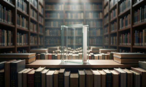 Modern minimalist library with sunlight streaming through tall bookshelves. Bright airy study space featuring wooden tables and classic literature...
