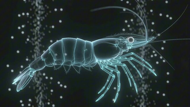 Translucent blue glowing shrimp hologram swimming in a dark underwater environment with rising particles. Futuristic marine biology render.