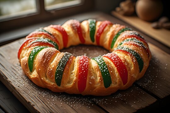  rosca de reyes sweet bread wreath on a wooden board