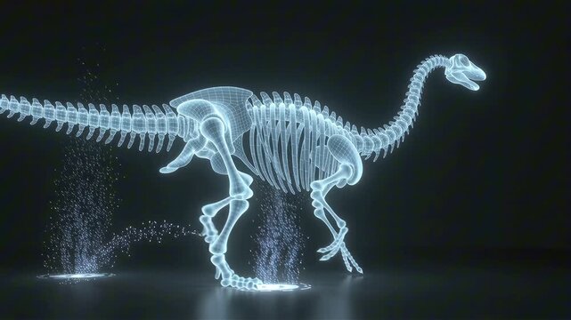 Dinosaur skeleton glowing hologram walking with blue digital particle effects. Futuristic 3D x-ray rendering of prehistoric bones on a dark background.