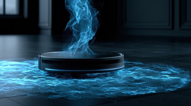 Robot vacuum creates a glowing data trail on a dark floor, indicating a privacy leak as it moves. The scene captures the action and concern.