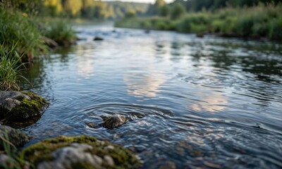 Fototapeta premium Tranquil river flowing through lush green forest landscape. Serene natural waterway reflecting golden sunlight and peaceful scenery for relaxation...