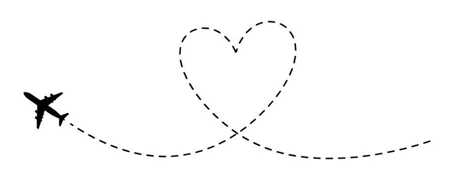 Airplane path: Black airplane silhouette with a dashed heart-shaped flight path on transparent background vector illustration
