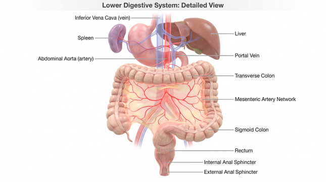 Detailed anatomical illustration of the human lower digestive system with labeled internal organs and blood vessels.