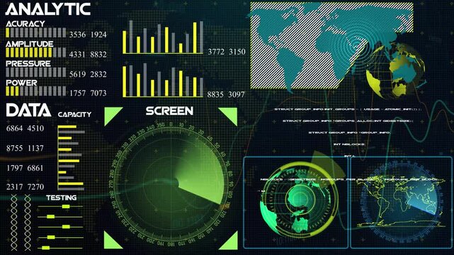 Animated Hud Display Showing Data Analysis And Radar Screen With Global Map video analytics information technology digital interface monitoring visualization cybersecurity