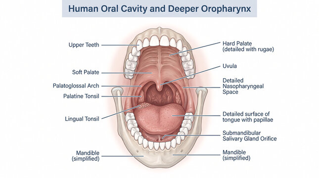 Anatomical illustration of the human oral cavity and deeper oropharynx with labeled parts.
