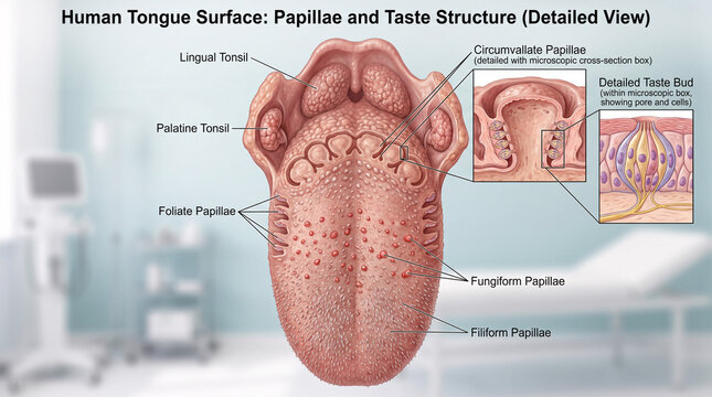 Anatomical illustration of the human tongue surface showing papillae and taste bud structure.