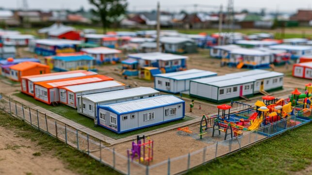 A small school building assembly with bright colors and a playground beside it in a community area.