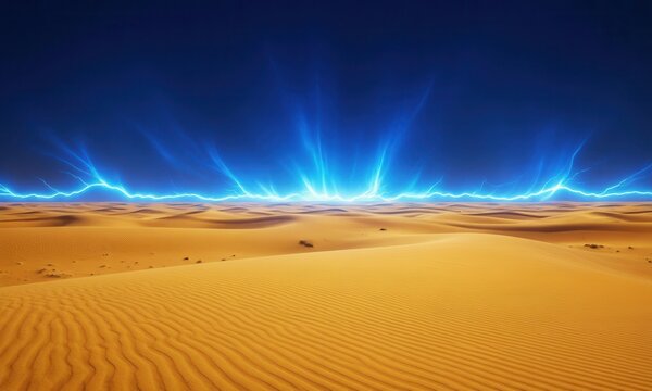 Northern lights aurora borealis illuminating night desert sky. Vibrant blue green celestial light display over sandy dunes with dramatic beams