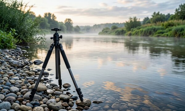 Tripod set up for landscape photography at serene lakeside. Professional camera equipment positioned on rocky shore for outdoor nature shoots