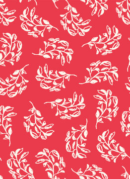 Hand drawn botany seamless repeat pattern. Random placed, vector leaves, herb, branch aop, all over surface print on red background.
