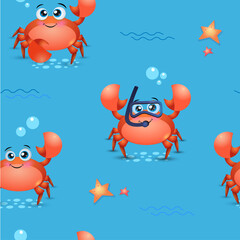 Seamless Cute Red Crab and sea stars pattern with smiling pink sea crabs on a blue background, playful hand drawn repeating design for kids. © Albina