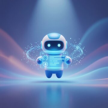 Futuristic AI robot assistant glowing with digital energy. Smart tech humanoid with holographic interface for innovation and automation solutions