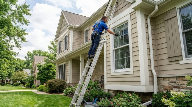 A man cleaning the window of a house with a ladder. He is wearing a blue shirt and jeans and is holding a squeegee. The house is a two-story home with beige siding and a stone foundation.