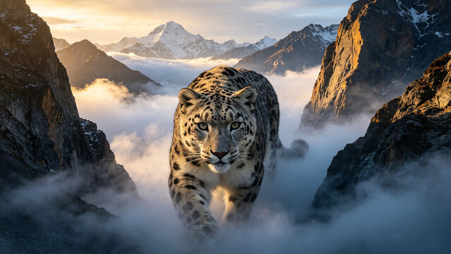 Snow Leopard Mist Snow leopard emerging from drifting mountain fog between rugged Himalayan cliffs