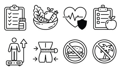 Fototapeta premium Health and Wellness Icons: A collection of black and white vector icons representing healthy lifestyle choices, including diet, exercise, and medical care, presented as a modern infographic.