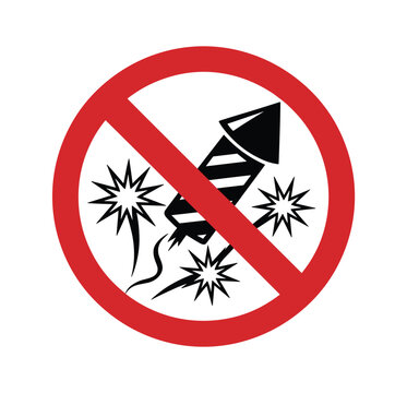 No Fireworks Sign: A stark prohibition sign, featuring a red circle with a diagonal line across a graphic of a firework rocket and burst, signifies a strict ban on pyrotechnics and explosions.