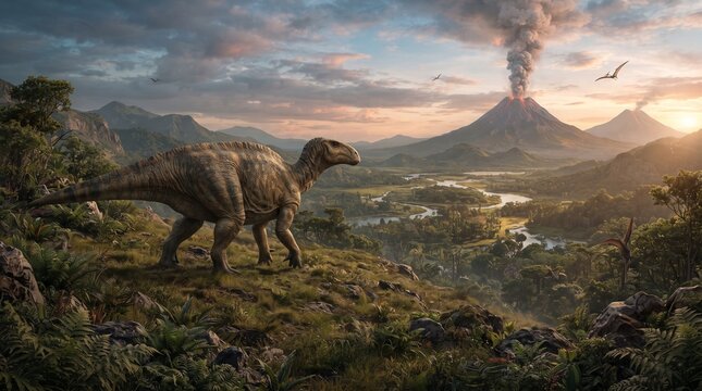 Iguanodon A prehistoric landscape unfolds with a majestic dinosaur roaming a verdant hillside, silhouetted against a sky dominated by a smoking volcano and a distant pterosaur in flight.