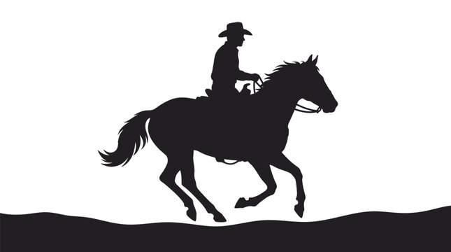 Cowboy riding a horse silhouette. Western ranch rider on galloping stallion vector graphic.