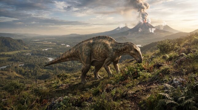 Iguanodon A majestic dinosaur roams a prehistoric landscape, with a smoking volcano looming in the background, depicting a scene of ancient grandeur and natural power.