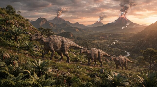 Iguanodon A prehistoric landscape unfolds with a herd of majestic dinosaurs trekking across a lush hillside, silhouetted against a backdrop of smoking volcanoes and a dramatic sunset.